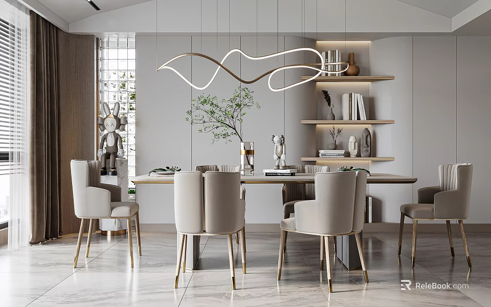 Modern Restaurant Interior With Dining Table Chairs Curved Pendant Light Green Plant And Decorative Shelves 3d model 