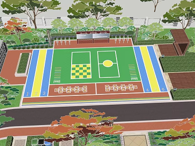 Outdoor Park Landscape With Green Sports Field Colorful Track Trees And Seats 3d model