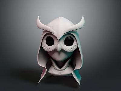 Cartoon Style Hooded Mask With Horns And Large Dark Eyes On Dark Background 3d model