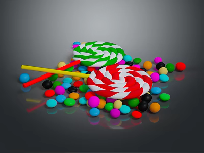 Colorful Lollipops And Assorted Candies With Vibrant Colors On Reflective Surface 3d model