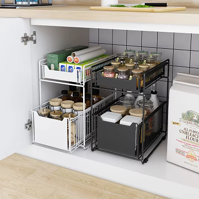Bathroom Cabinet Rack with White and Black Metal Storage for Jars and Paper Rolls 3d model