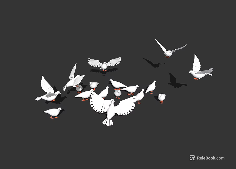 Flock of White and Black Pigeons Flying in Dark Background Sky 3d model 