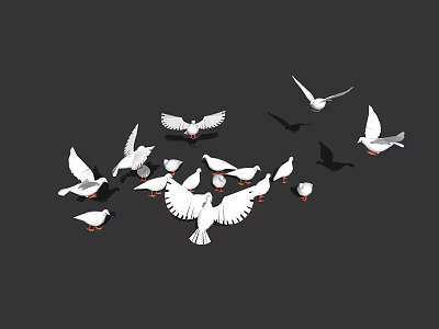Flock of White and Black Pigeons Flying in Dark Background Sky 3d model