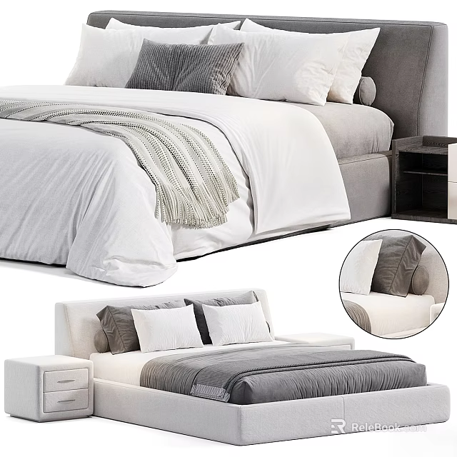 Modern Background Double Bed With White Sheets Gray Pillows And Nightstand 3d model 