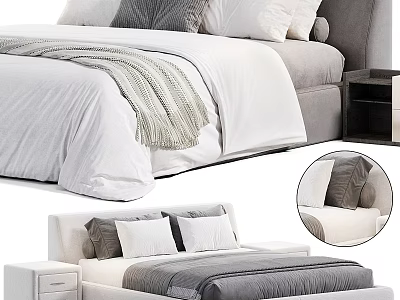 Modern Background Double Bed With White Sheets Gray Pillows And Nightstand 3d model