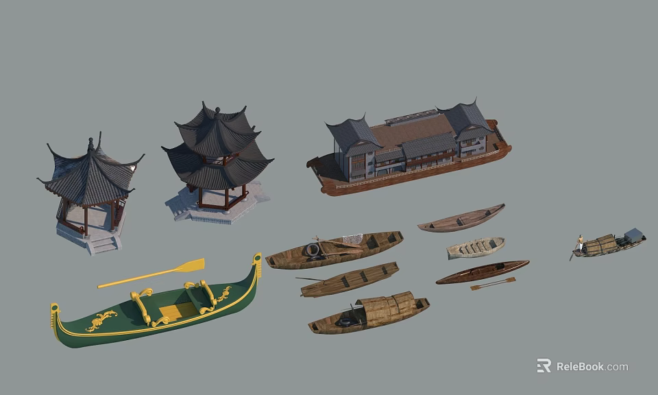 Traditional Chinese Architectural Models With Ancient Boats And Pavilions 3d model 