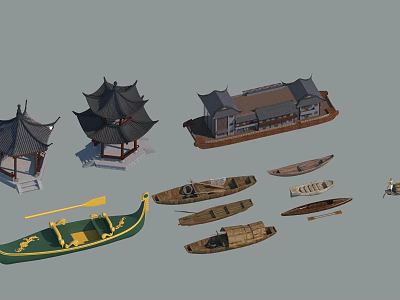 Traditional Chinese Architectural Models With Ancient Boats And Pavilions 3d model