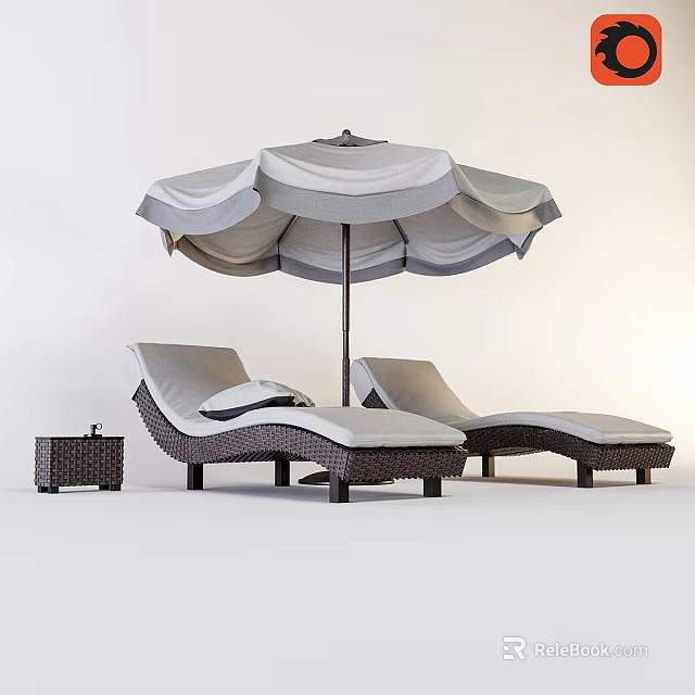 Outdoor Wicker Loungers With Gray Canopy Umbrella And Side Table Components 3d model 