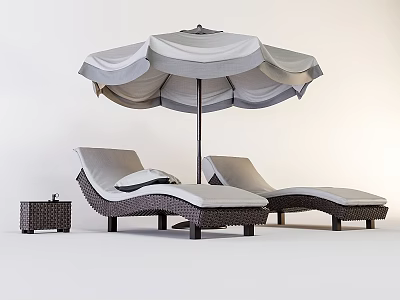 Outdoor Wicker Loungers With Gray Canopy Umbrella And Side Table Components 3d model