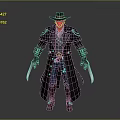 Detailed 3D Character Model With Stylish Trench Coat Wide Brim Hat And Dual Blades