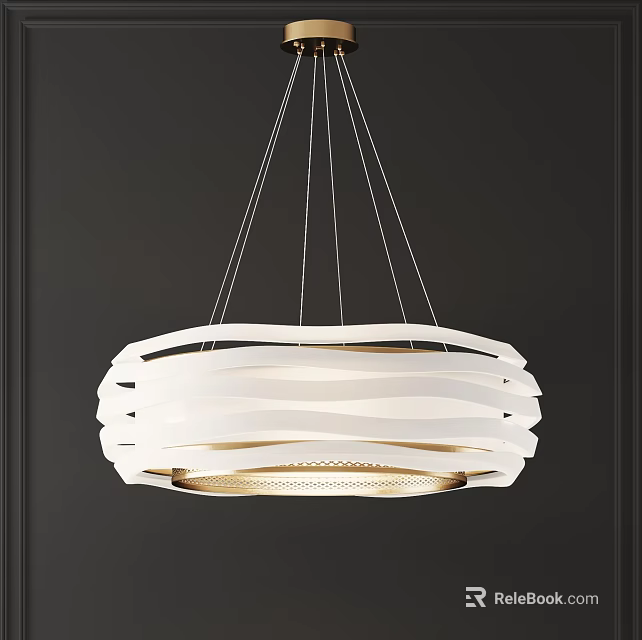 Modern White Chandelier With Curved Lines And Metallic Accents Hanging In Dark Room 3d model 