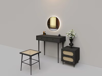 Modern Dressing Table With Round Mirror Stool Cabinet And Flower Vase 3d model