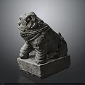 Ancient Stone Lion Statue Kneeling On Square Pedestal With Carved Details