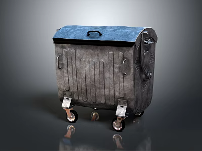 Industrial Metal Storage Equipment With Blue Lid Ribbed Design And Heavy Duty Wheels 3d model