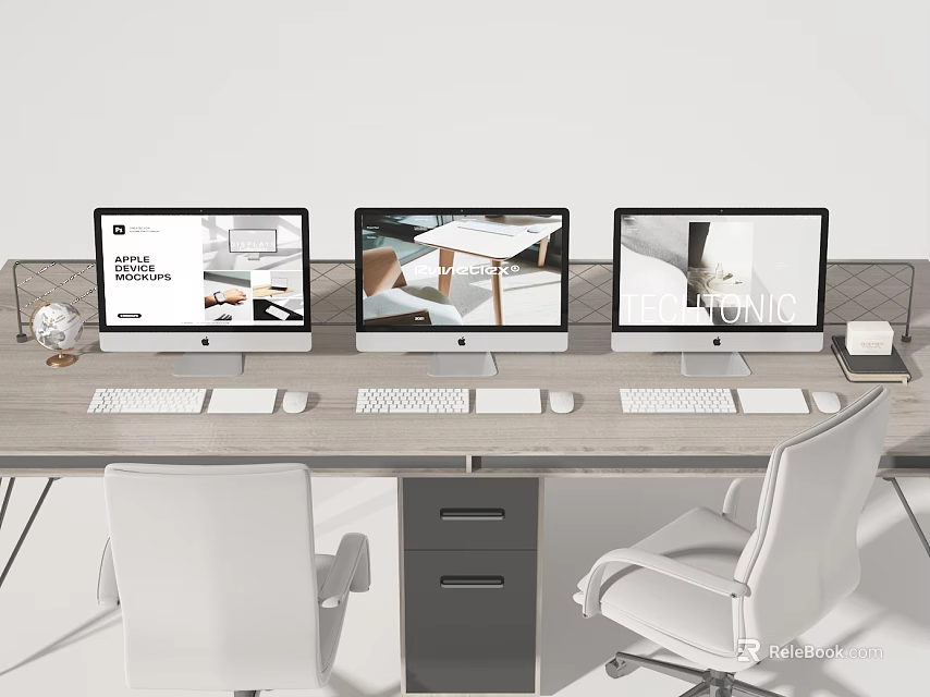 Three Computer Monitors Setup On Modern Office Desk With Keyboard And Mouse 3d model