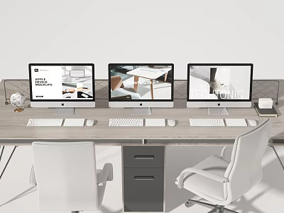 Three Computer Monitors Setup On Modern Office Desk With Keyboard And Mouse 3d model