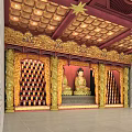Buddhist Temple Interior Featuring Two Buddha Statues With Golden Carvings And Red Ceiling Design