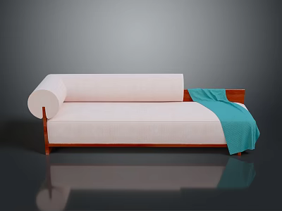 Modern Pink Sofa With Wooden Frame Rolled Cushion And Blue Throw Blanket 3d model
