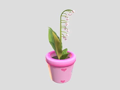 Butterfly Hovering Near Pink Flower Pot With Lily Of The Valley Blooms 3d model