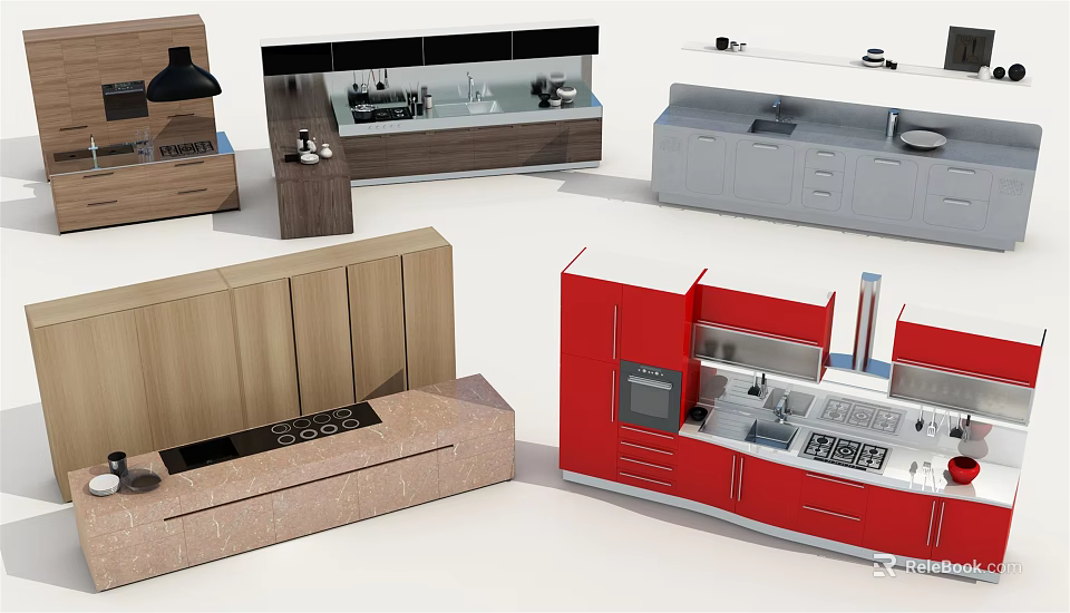 Modern Kitchen Cabinets with Red Beige Gray Designs and Stylish Storage Solutions 3d model 