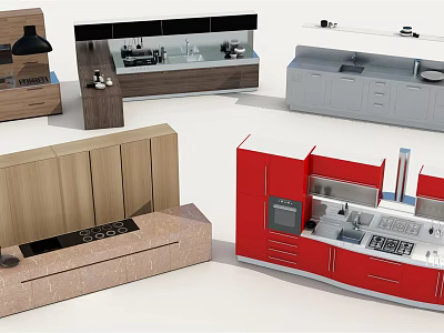 Modern Kitchen Cabinets with Red Beige Gray Designs and Stylish Storage Solutions 3d model