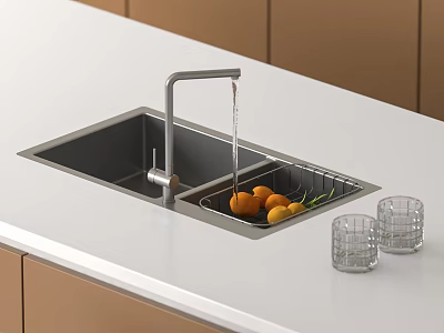 Stainless Steel Kitchen Sink With Faucet Water Flowing Oranges In Drainer On White Countertop 3d model
