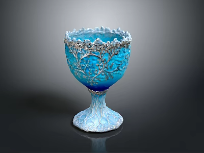 Elegant Blue Decorative Cup With Carved Tree Branches And Ruffled Rim 3d model