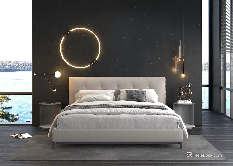 Modern White Upholstered Double Bed With Black Accent Wall Round LED Light And Sea View 3d model 