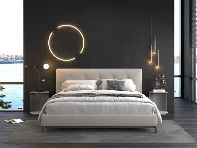 Modern White Upholstered Double Bed With Black Accent Wall Round LED Light And Sea View 3d model