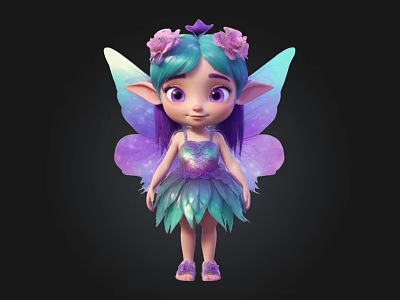 Cute Fairy With Blue Purple Hair Star Pink Flowers Gradient Wings And Sparkling Leaf Dress 3d model