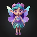 Cute Fairy With Blue Purple Hair Star Pink Flowers Gradient Wings And Sparkling Leaf Dress