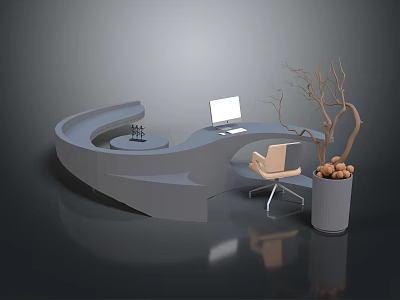 Modern Curved Reception Desk With Laptop Chair And Decorative Plant On Reflective Floor 3d model