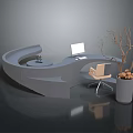 Modern Curved Reception Desk With Laptop Chair And Decorative Plant On Reflective Floor