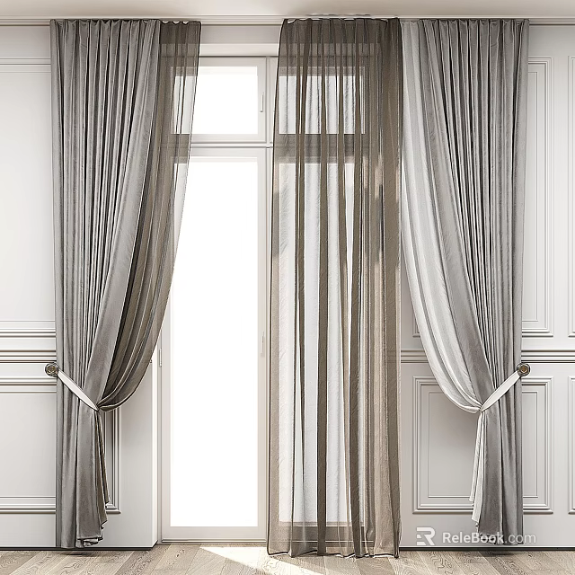 Elegant Gray Sheer Curtains With Tiebacks Hanging On Window Against White Walls 3d model 