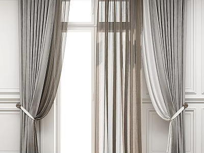 Elegant Gray Sheer Curtains With Tiebacks Hanging On Window Against White Walls 3d model