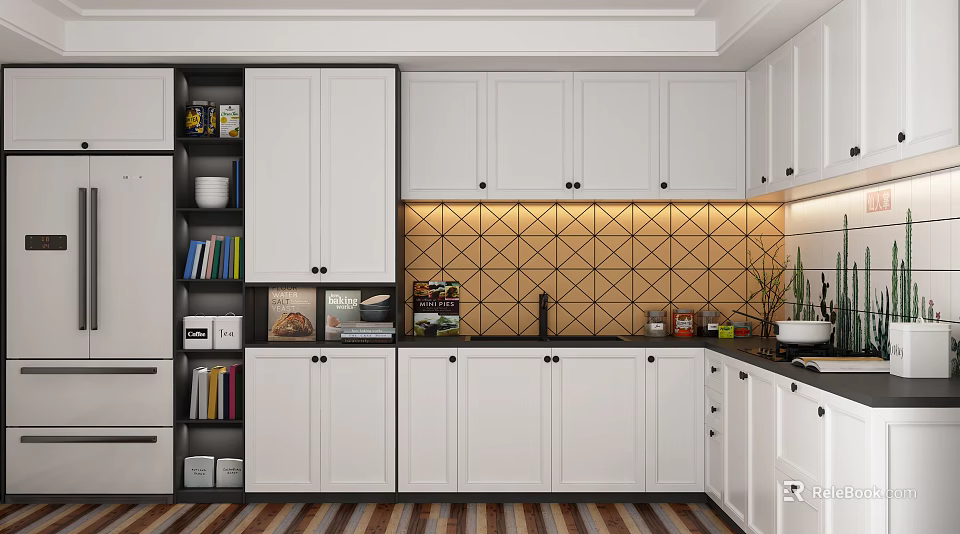 Modern Kitchen Interior With White Cabinets Geometric Tile Backsplash And Countertop 3d model 