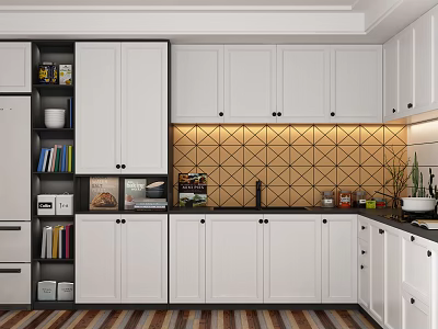 Modern Kitchen Interior With White Cabinets Geometric Tile Backsplash And Countertop 3d model
