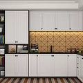 Modern Kitchen Interior With White Cabinets Geometric Tile Backsplash And Countertop