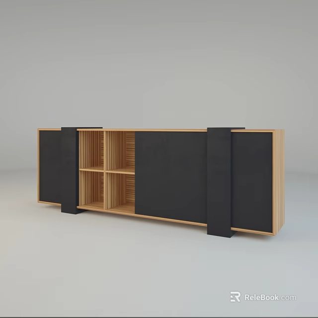 Modern Wooden TV Stand with Black Panels and Open Shelves Design 3d model 