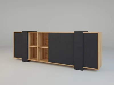 Modern Wooden TV Stand with Black Panels and Open Shelves Design 3d model