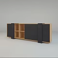 Modern Wooden TV Stand with Black Panels and Open Shelves Design