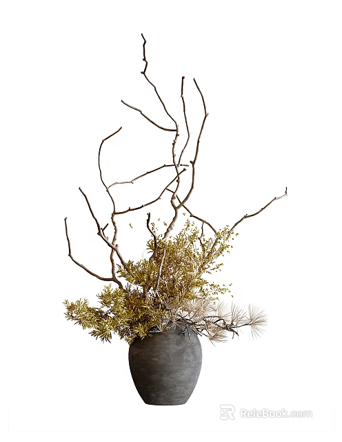 Black Vase With Dry Branches Green Foliage And Decorative Natural Plant Arrangement 3d model 