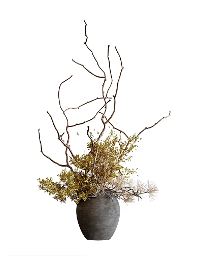 Black Vase With Dry Branches Green Foliage And Decorative Natural Plant Arrangement 3d model