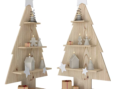 Wooden Christmas Tree Shaped Decorative Ornament Set With Shelves And Small Decorations 3d model