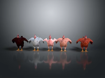 Colorful Flying Animals Five Different Colored Chickens Standing On Reflective Gray Background 3d model