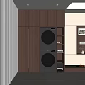 Home Balcony with Wooden Cabinets Stacked Washer Dryer Illuminated Shelves and Decorations