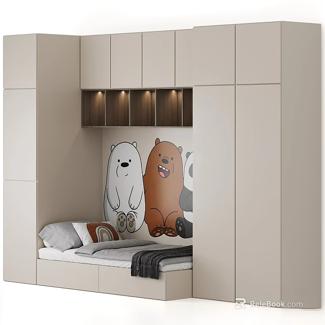 Cozy Kids Bed in Children's Room With Cartoon Bear Mural and Built in Cabinets 3d model 