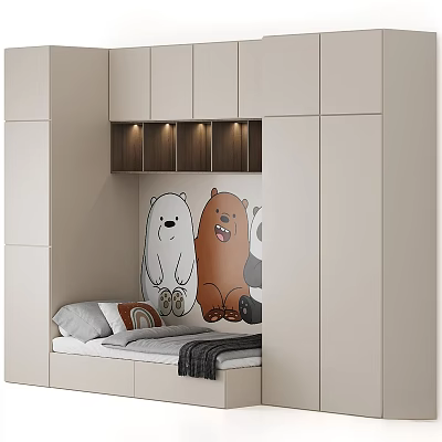 Cozy Kids Bed in Children's Room With Cartoon Bear Mural and Built in Cabinets 3d model