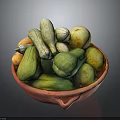 Assorted Fresh Green And Yellow Vegetables in Red Clay Bowl