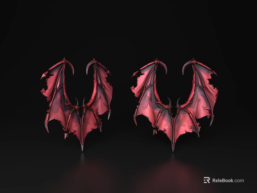 Red Bat Wing Shaped Decorative Ornament Set Two Pieces on Black Background 3d model 